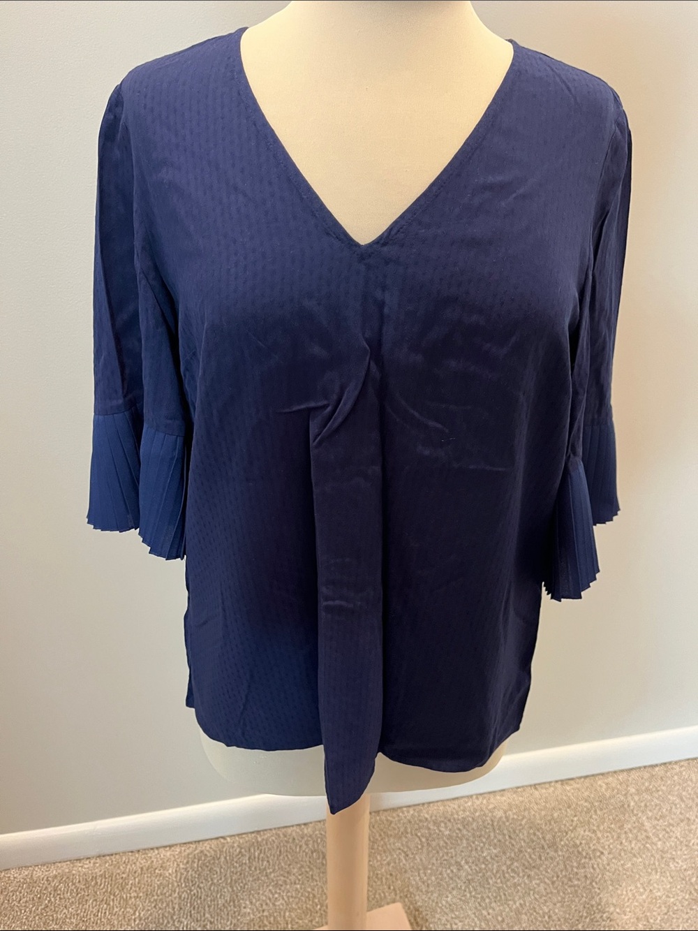 Draper James Navy V-Neck Blouse with Pleated Three-Quarter Sleeves